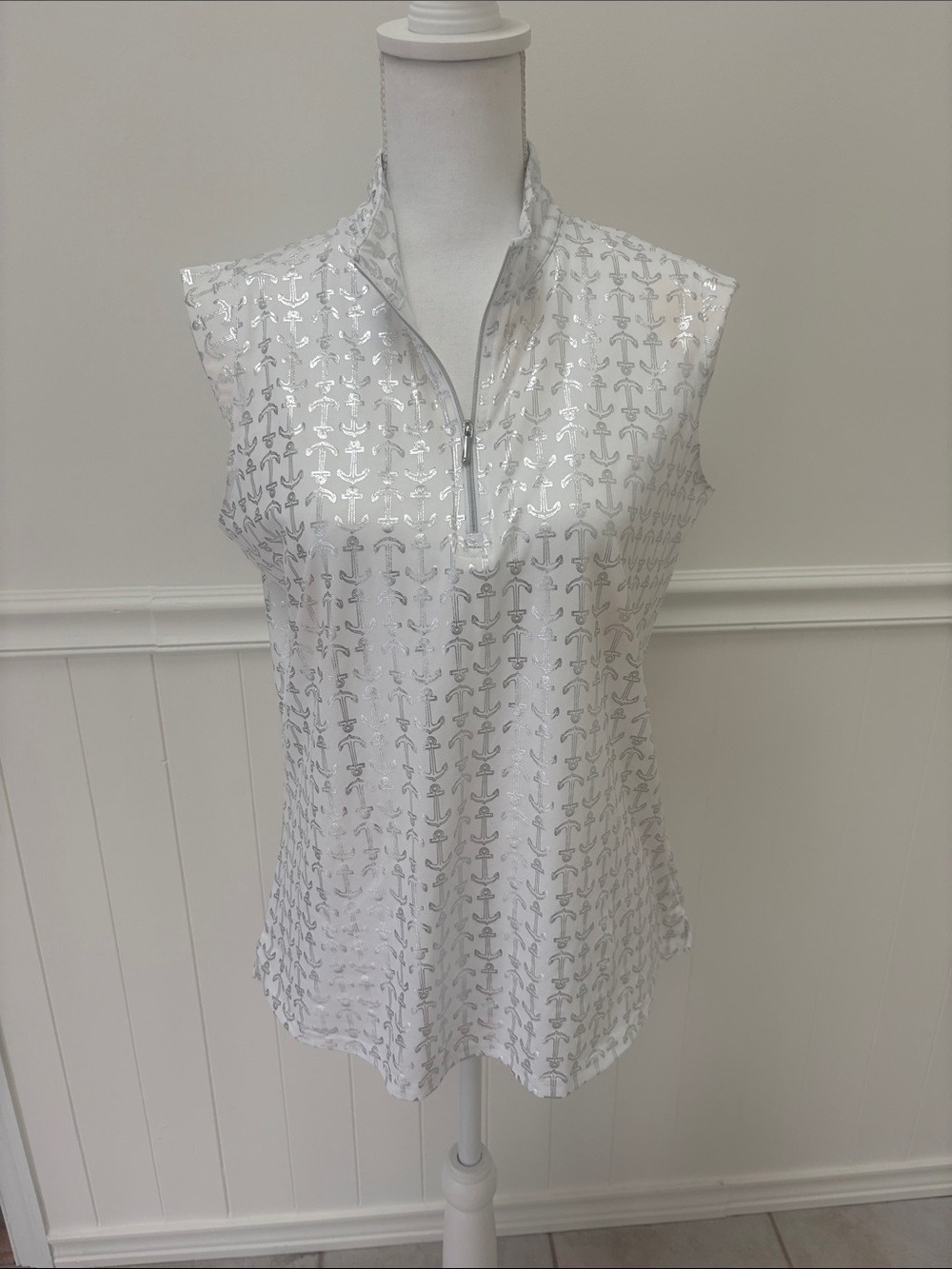 White Sleeveless Zip-Front Tank with Silver Anchor Motif